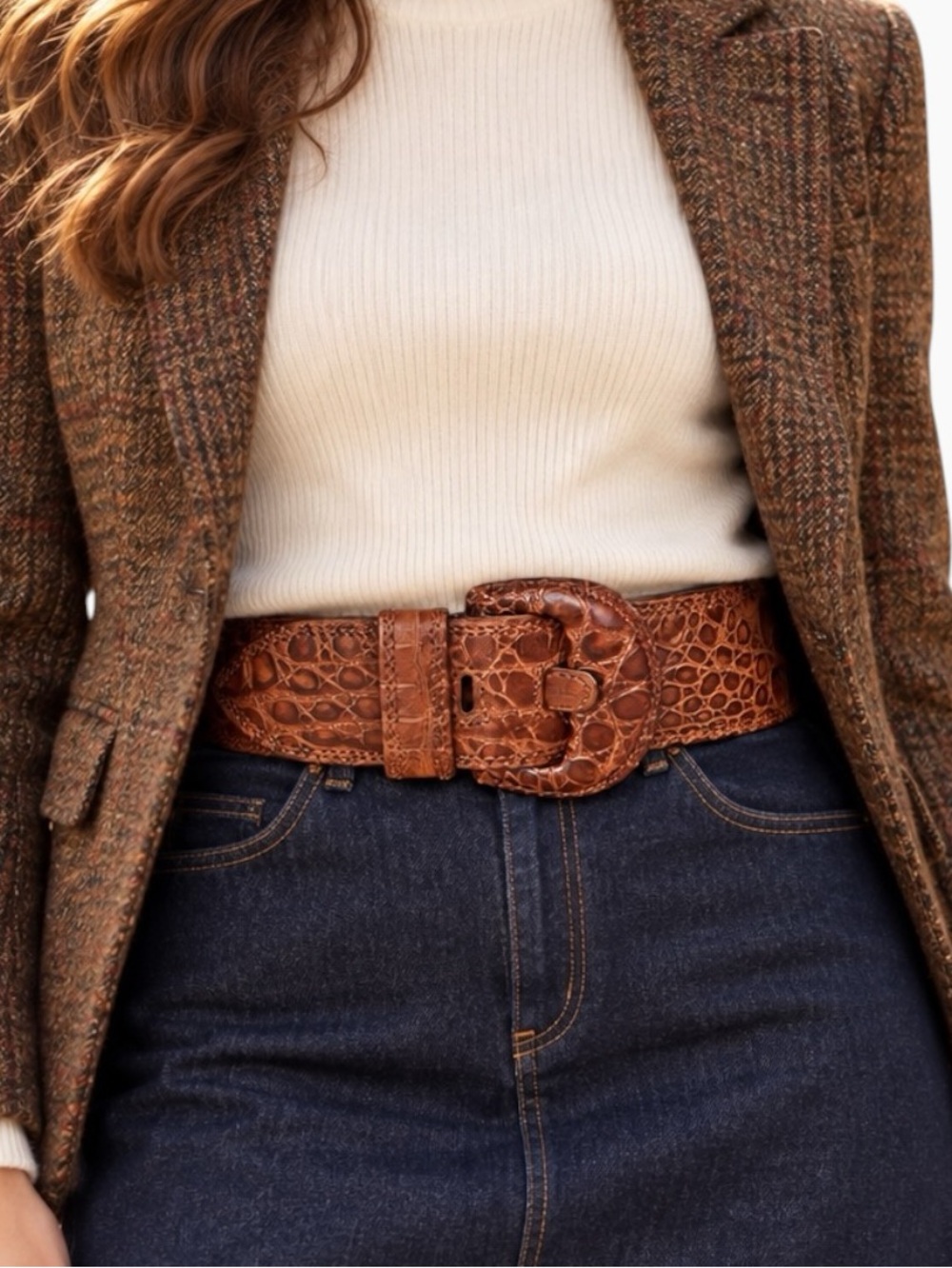 Tuareg for Benetton Brown Croc Embossed Leather Wide Belt Womens Size M Italy